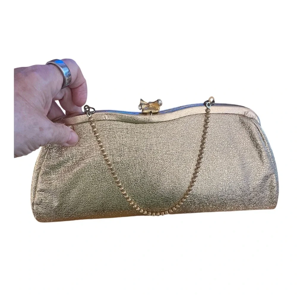 Vintage Gold Metallic Textured Frame Clutch Bag Rhinestone Bow Clasp Chain Strap
